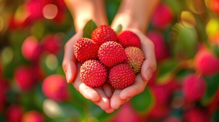 Wall Mural - Lychees in the hands of a woman in the garden. Selective focus.