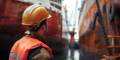 A shipyard worker with a safety helmet and vest focused on inspecting or repairing a vessel in a maritime industrial environment