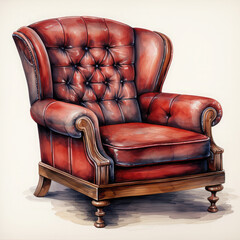 Wall Mural - Watercolor Vintage Armchair With Red Illustration, Generative Ai