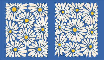 Wall Mural - groovy abstract floral botanical background. posters with curvy white daisy. aesthetic modern art il