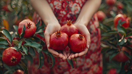 Wall Mural - pomegranates harvest in the hands of a woman. Selective focus.