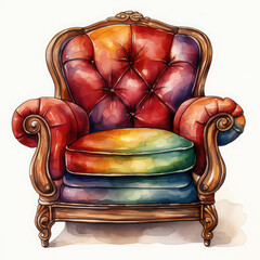 Wall Mural - Watercolor Vintage Armchair With Red Illustration, Generative Ai