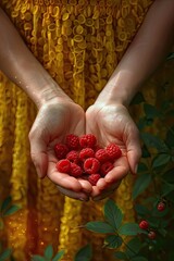Wall Mural - Harvest in the hands of a woman in the garden. Selective focus.