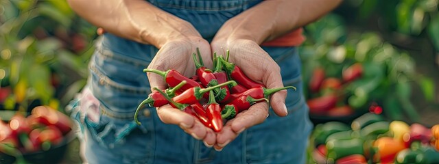 Wall Mural - Harvest in the hands of a woman in the garden. Selective focus.