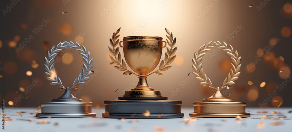 Stage podium with laurel wreath. Golden, silver and bronze stage podium ...