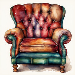 Wall Mural - Watercolor Vintage Armchair With Red Illustration, Generative Ai