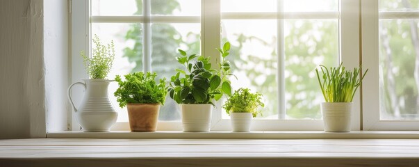 Wall Mural - White wooden table in kitchen with green plant on the window, 