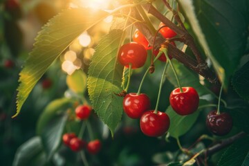 Wall Mural - A closeup shot of juicy cherry fruit hanging from branches highlights its vibrant beauty against lush foliage in nature Generative AI