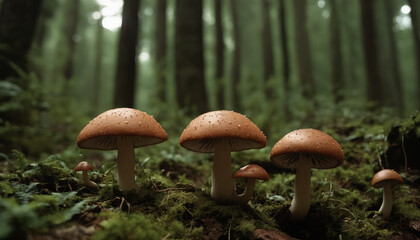 several mushrooms are growing in a green forest