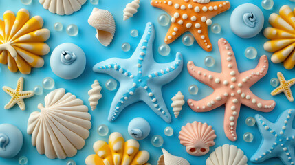 creative sea theme with fondant starfish and shells on blue background