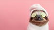 © ALL YOU NEED studio - cute sloth wearing white towel and cucumber on eyes doing spa treatment, pink background with copy space , banner for beauty salon concept, pet fashion design studio,wellness, relaxation and self-care