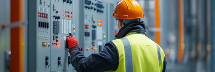 An electrician in safety gear is adjusting or inspecting equipment in a high voltage electrical panel