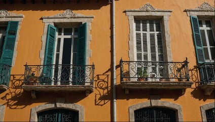 Building with a yellow exterior and blue shutters, Spanish style