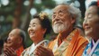© antkevyv - Elderly man with long white beard wearing orange kimono smiles watches ceremony