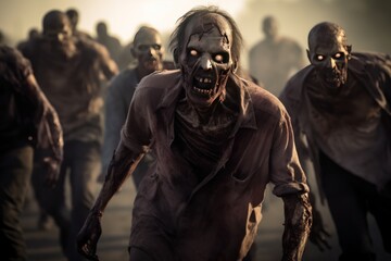 Zombies. Crowd of zombies in a post-apocalyptic city zombie attack going forward. A zombie horde in the destroyed ruins of a city after a zombie apocalypse outbreak. 3d illustration. Halloween concept