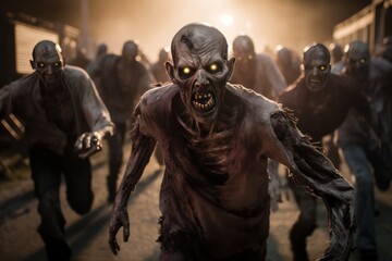 Zombies. Crowd of zombies in a post-apocalyptic city zombie attack going forward. A zombie horde in the destroyed ruins of a city after a zombie apocalypse outbreak. 3d illustration. Halloween concept