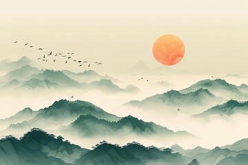 Chinese style, ink painting, light green and dark gray mountain shapes, flying birds in the sky, sun setting behind mountains, generated with AI