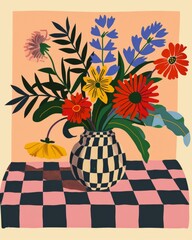 Wall Mural - fauvist illustration of colorful flowers in a round vase on a checkered table, simple lines, generated with AI