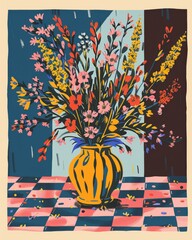 Wall Mural - fauvist illustration of colorful flowers in a round vase on a checkered table, simple lines, generated with AI