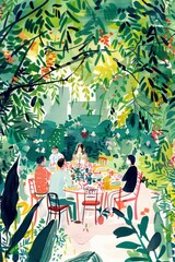 Wall Mural - Joyful dinner in the garden, , garden furniture, outdoor living, summer, the new yorker magazine cover, modern, artisan illustration,, generated with ai