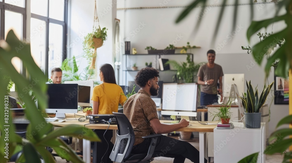 The photo shows a group of people working in a creative office space ...