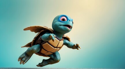Superhero baby turtle, Cute baby turtle with a blue cloak and mask jumping and flying