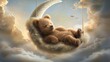 © Login - Baby bear sweetly sleeping on a crescent moon against a starry night sky and clouds. A fabulous character for a lullaby. Illustration for cover, card, postcard, interior design, decor or print.