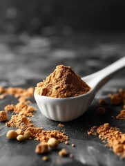 Mixed nut powder in a white spoon ,white background, generated with ai