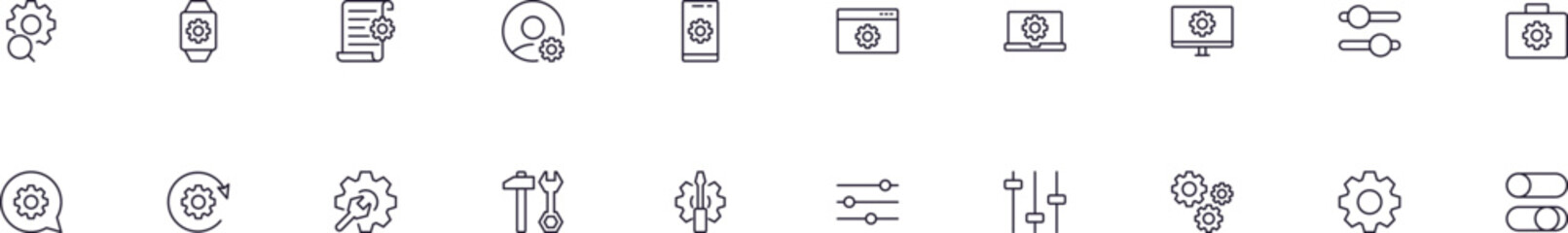 Wall Mural - gear and cogwheel as settings line vector pictograms pack. editable stroke. simple linear illustrati