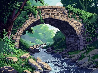 Wall Mural - Under a stone bridge that crosses a creek, pixel art, video game rpg, 8 bit, low resolution, low pixels, very pixelated, generated with ai