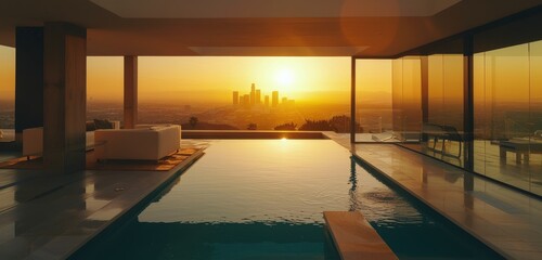 Wall Mural - City Sunset View From Swimming Pool