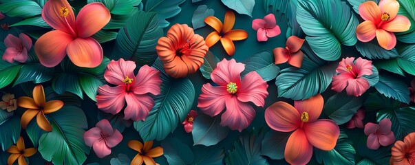 3d tropical floral patterns with hibiscus and plumeria flowers, vibrant and exotic