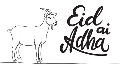 Wall Mural - Eid al Adha holiday text banner. Goat line art. Hand drawn vector art.