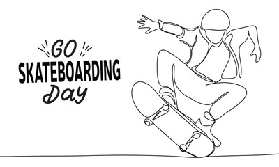 Sticker - Go Skateboarding Day holiday text banner. Boy on skateboard line art. Hand drawn vector art.