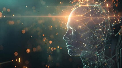 Aufkleber - A digital human profile with illuminated neural networks and glowing connections, symbolizing artificial intelligence and technology in a futuristic night setting.