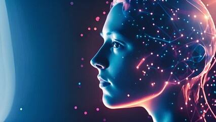 Poster - Side profile of a digital human head showcasing a neural network with glowing connections, set against a dark background, depicting artificial intelligence and technology.