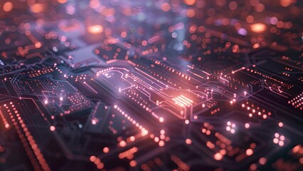 Fototapete - A close-up view of a circuit board glowing with small lights indicating activated components.