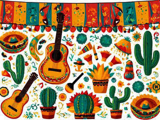 Wall Mural - Cinco de Mayo Mexican festive banner. The horizontal card of Mexican culture symbolizes the collection of maracas, pinatas, jalapenos, fruit, sombrero, cactus, guitar Cinco de Mayo web header design.