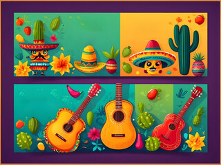 Cinco de Mayo Mexican festive banner. The horizontal card of Mexican culture symbolizes the collection of maracas, pinatas, jalapenos, fruit, sombrero, cactus, guitar Cinco de Mayo web header design.