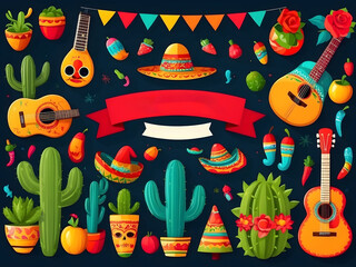 Wall Mural - Cinco de Mayo Mexican festive banner. The horizontal card of Mexican culture symbolizes the collection of maracas, pinatas, jalapenos, fruit, sombrero, cactus, guitar Cinco de Mayo web header design.