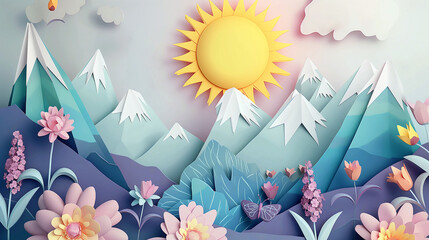 Wall Mural - a paper mountain scene with a sun in the sky