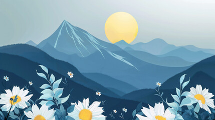 Wall Mural - a mountain range with a sun in the sky and a field of flowers