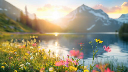Wall Mural - a beautiful mountain lake with a bright sun reflecting on the water