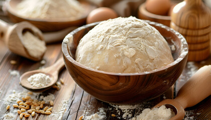 Bowl of fresh yeast dough on wooden table