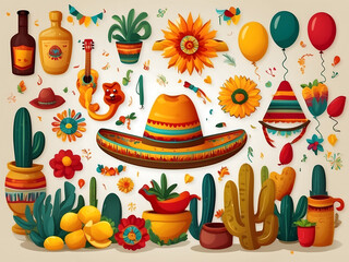 Wall Mural - Mexican fiesta, Cinco de Mayo, birthday elements, and icon design.