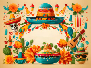 Wall Mural - Mexican fiesta, Cinco de Mayo, birthday elements, and icon design.