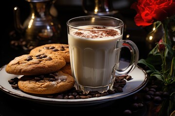 Wall Mural - Side view coffee with milk with chocolate cookie and coffee beans at the table, generative IA