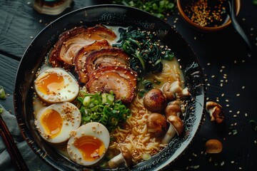 Wall Mural - Bowl of Ramen With Hard Boiled Eggs and Vegetables