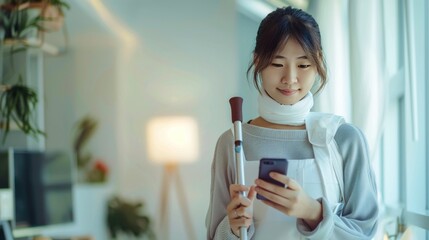 Portrait happy young asian woman broken arm walking with sticks crutches while holding a smartphone.