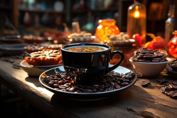 Wall Mural - Coffee cup with coffee beans on wooden bottom, generative IA